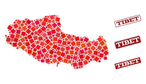 Collage of Red Mosaic Map of Tibet and Grunge Rectangle Stamps Illustrazione stock