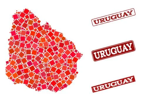 Collage of Red Mosaic Map of Uruguay and Grunge Rectangle Stamps Stock Illustration