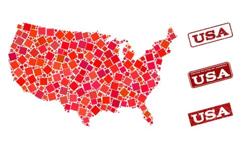 Collage of Red Mosaic Map of USA and Grunge Rectangle Stamps Stock Illustration