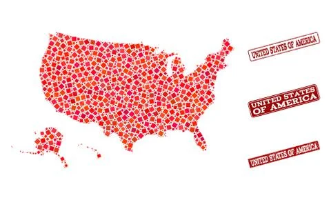 Collage of Red Mosaic Map of USA Territories and Grunge Rectangle Stamps Stock Illustration