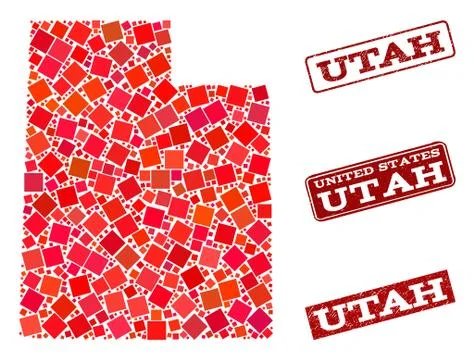 Collage of Red Mosaic Map of Utah State and Grunge Rectangle Stamps Stock Illustration