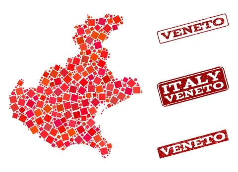 Collage of Red Mosaic Map of Veneto Region and Grunge Rectangle Stamps Illustrazione stock