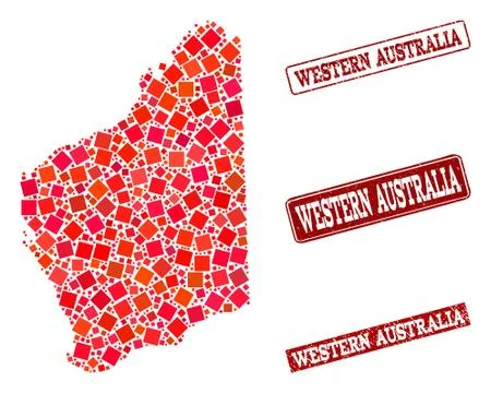 Collage of Red Mosaic Map of Western Australia and Grunge Rectangle Stamps Illustrazione stock