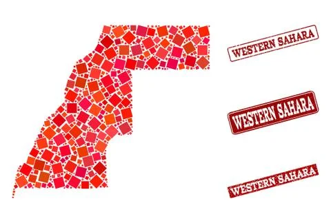 Collage of Red Mosaic Map of Western Sahara and Grunge Rectangle Stamps Stock Illustration