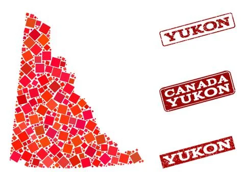 Collage of Red Mosaic Map of Yukon Province and Grunge Rectangle Stamps Stockillustratie