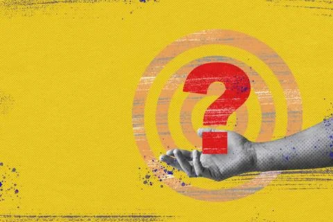 Collage a red question mark with a hand on the background of the target. Foto stock