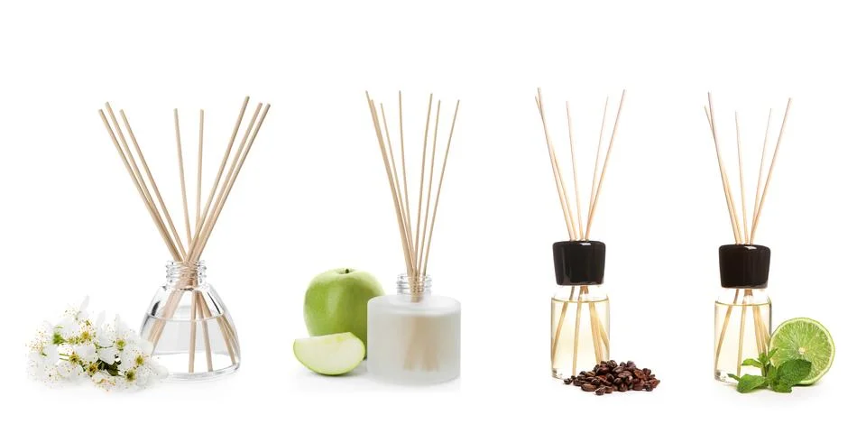 Collage with reed diffusers of different fragrances isolated on white Foto stock