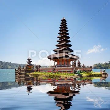 Collage with reflection of pura ulun danu bratan Stock Photos