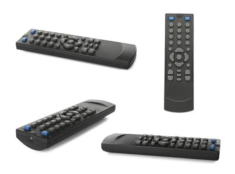 Collage of remote controller on white background, different angles Stock Photos