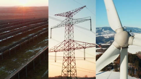 Collage of renewable energy infrastructure with solar power plant, wind turbine Stock Footage 342930514