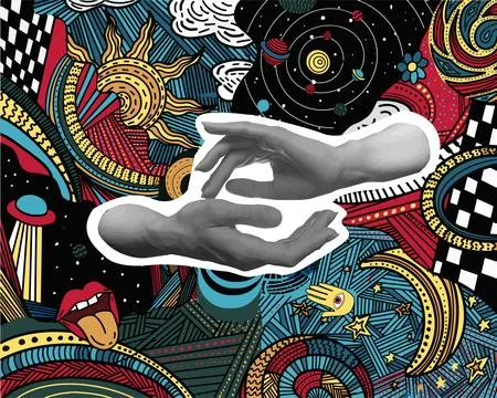 Collage of retro elements. Retro style. Poster with hands. Stock Illustration