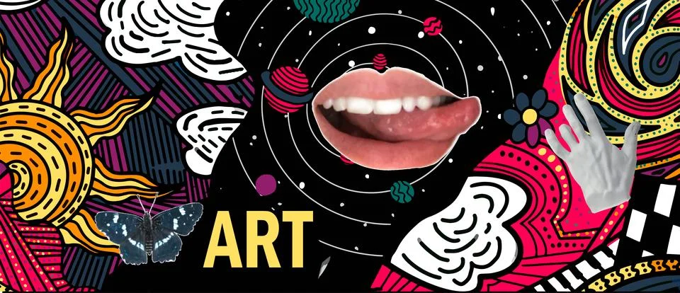 Collage of retro elements. Retro style. Poster with lips. 스톡 일러스트