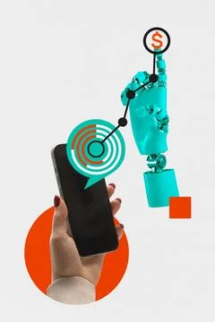Collage of robotic hand interacting with mobile fintech interface Stock Photos