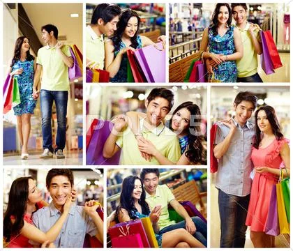 Collage of romantic couple with shopping bags spending time in the mall Stock Photos