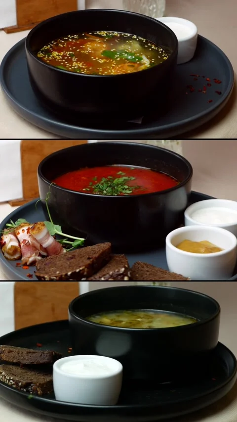 Collage of rotating restaurant dishes. broth, asian and tomato soup. banquet Stock Footage 310809156