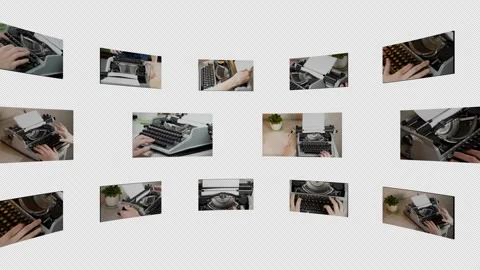Collage of rotating screens with hands typing on typewriter with alpha channel. Video stock 296255706
