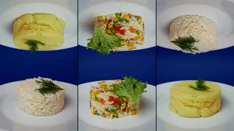 Collage of rotation of ready meals. side dishes. restaurant food. healthy Stock Footage 164213203