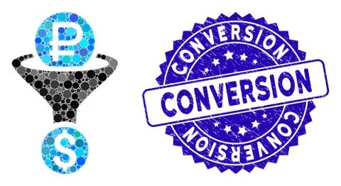 Collage Rouble Currency Conversion Icon with Textured Conversion Stamp Stock Illustration