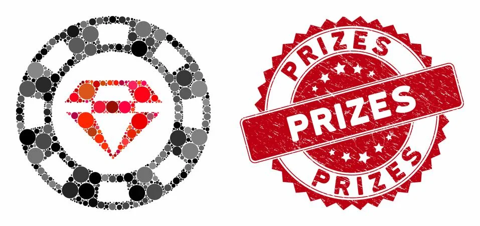 Collage Ruby Casino Chip with Textured Prizes Stamp Stock Illustration