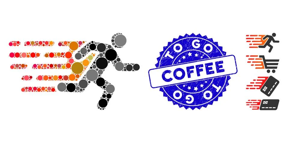 Collage Rush Running Man Icon with Scratched To Go Coffee Stamp Stock Illustration