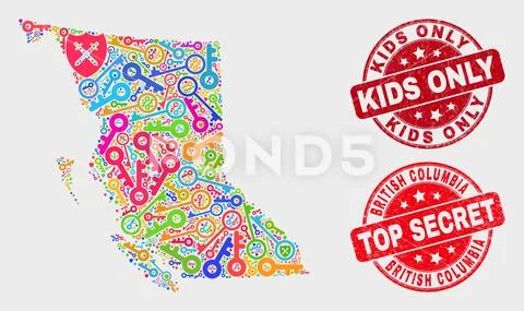 Collage of Safeguard British Columbia Map and Scratched Kids Only Stamp Seal Stock Illustration