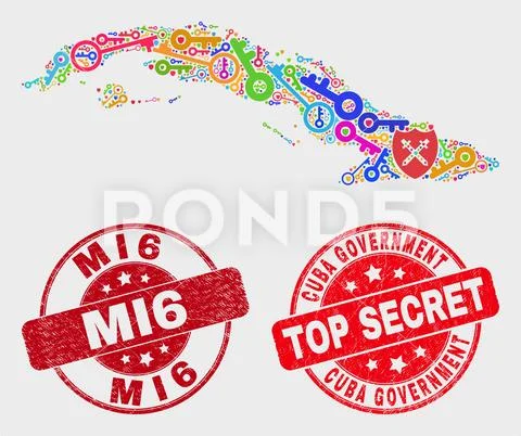 Collage of Safeguard Cuba Map and Distress MI6 Seal Stock Illustration