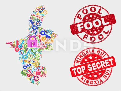 Collage of Safeguard Ningxia Hui Region Map and Grunge Fool Stamp Stock Illustration