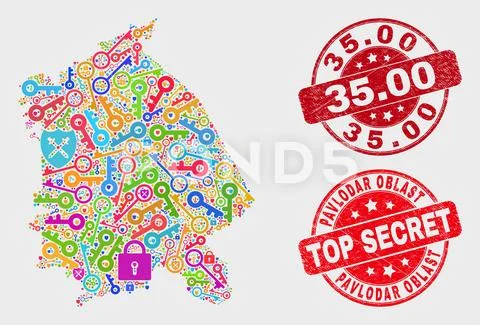 Collage of Safeguard Pavlodar Region Map and Distress 35.00 Watermark Stock Illustration