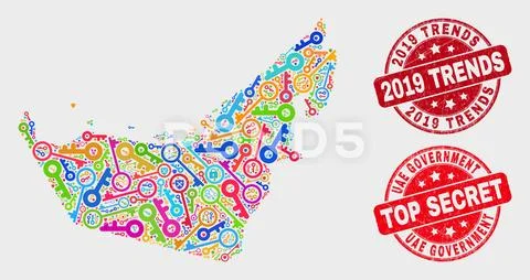 Collage of Safeguard United Arab Emirates Map and Scratched 2019 Trends Stock Illustration
