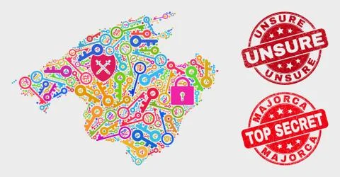 Collage of Safety Majorca Map and Scratched Unsure Watermark Stock Illustration