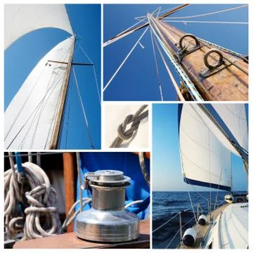 Collage of sailing boat stuff - winch, ropes, yacht in the sea,knot,sails,mas Stock Photos
