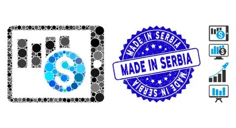 Collage Sales Chart on PDA Icon with Scratched Made in Serbia Seal Stock Illustration