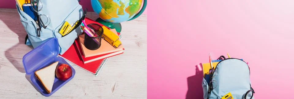 Collage school backpack desk globe Stock Photos