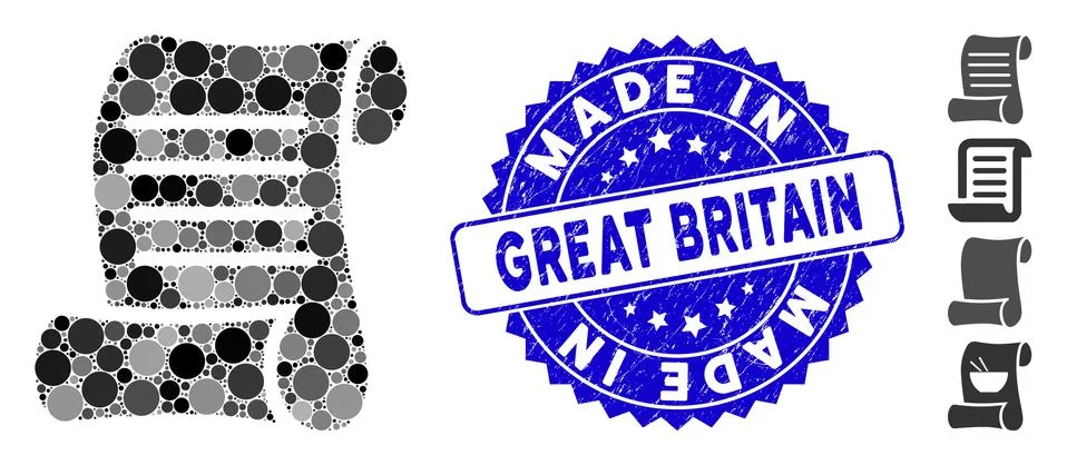 Collage Script Roll Icon with Scratched Made in Great Britain Stamp Stock Illustration