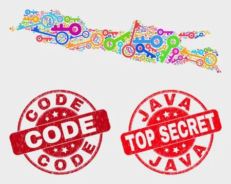 Collage of Secret Java Island Map and Grunge Code Watermark Stockillustratie