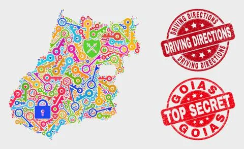 Collage of Secure Goias State Map and Scratched Driving Directions Watermark Illustrazione stock