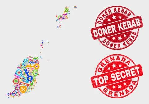 Collage of Secure Grenada Map and Grunge Doner Kebab Seal 스톡 일러스트