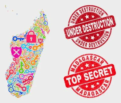 Collage of Secure Madagascar Island Map and Distress Under Destruction Watermark Stock Illustration