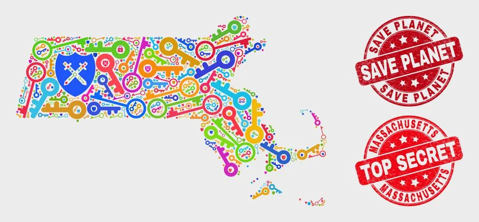 Collage of Secure Massachusetts State Map and Scratched Save Planet Stamp Stock Illustration