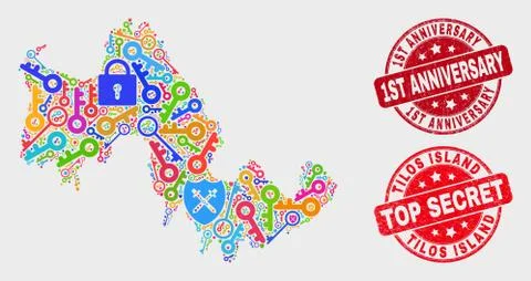 Collage of Secure Tilos Island Map and Distress 1St Anniversary Stamp Stock Illustration
