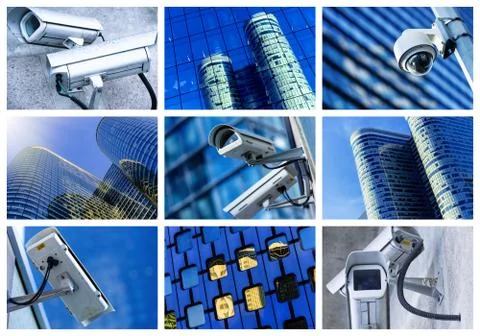 Collage of security camera and urban video Stock Photos
