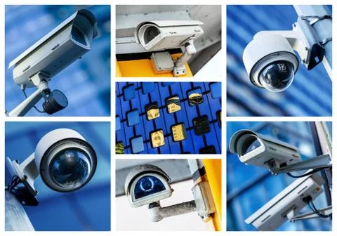 Collage of security camera and urban video Stock Photos