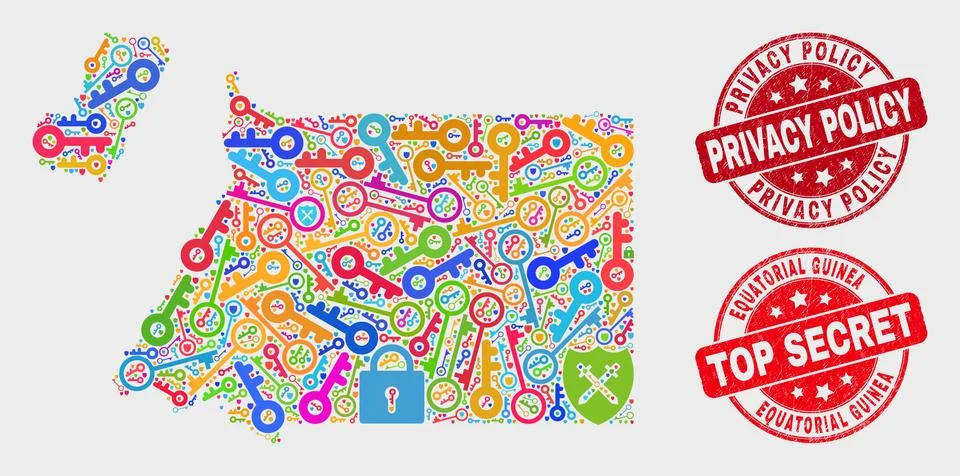 Collage of Security Equatorial Guinea Map and Grunge Privacy Policy Stamp Stock Illustration