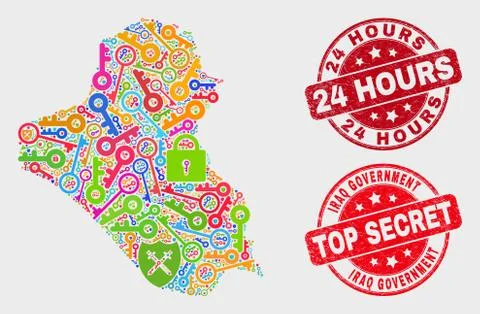 Collage of Security Iraq Map and Grunge 24 Hours Stamp Seal 스톡 일러스트