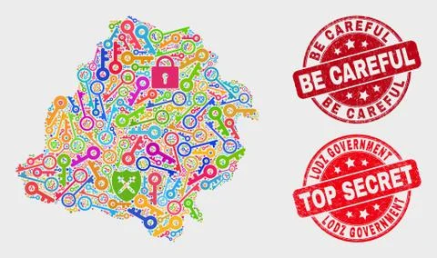 Collage of Security Lodz Voivodeship Map and Grunge Be Careful Stamp Seal Stock Illustration