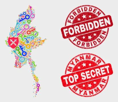 Collage of Security Myanmar Map and Distress Forbidden Stamp Seal Stock Illustration