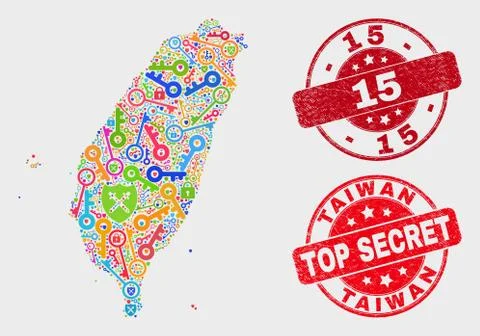 Collage of Security Taiwan Map and Grunge 15 Watermark Stock Illustration