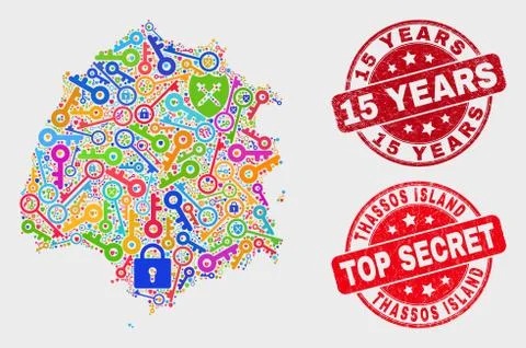 Collage of Security Thassos Island Map and Distress 15 Years Stamp Seal Stock Illustration