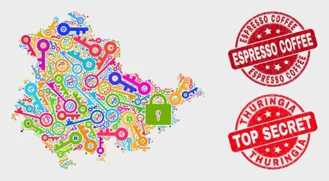 Collage of Security Thuringia Land Map and Distress Espresso Coffee Seal Illustrazione stock
