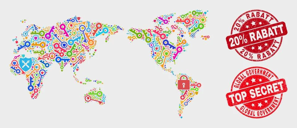 Collage of Security World Map and Scratched 20% Rabatt Seal 스톡 일러스트